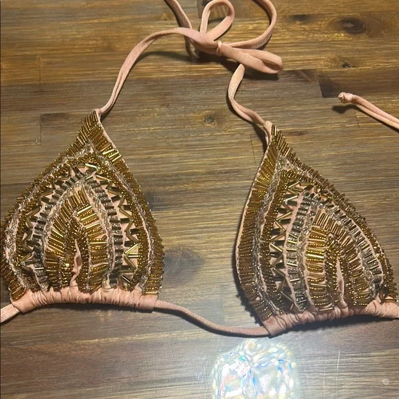 Luxurious Pink and Gold Triangle Swim Bra with Beadwork - Picture 1 of 8